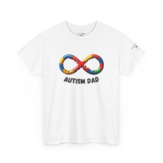 Autism Dad T-Shirt – Puzzle Infinity Front & “Guided by Love” Sleeve | Burgess Awakening Media