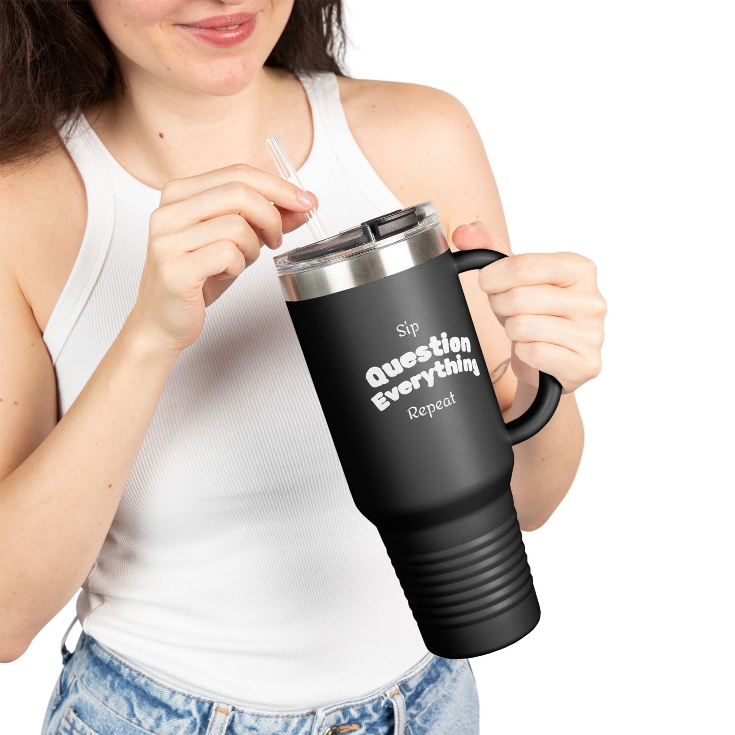 Question Everything Insulated Travel Mug, 40oz | BAM Gear for Truth Seekers, Coffee Rebels, Hot & Cold Drinks