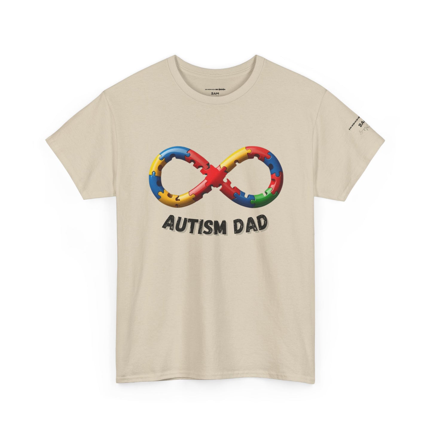 Autism Dad T-Shirt – Puzzle Infinity Front & “Guided by Love” Sleeve | Burgess Awakening Media