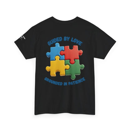 Autism Dad T-Shirt – Puzzle Infinity Front & “Guided by Love” Sleeve | Burgess Awakening Media