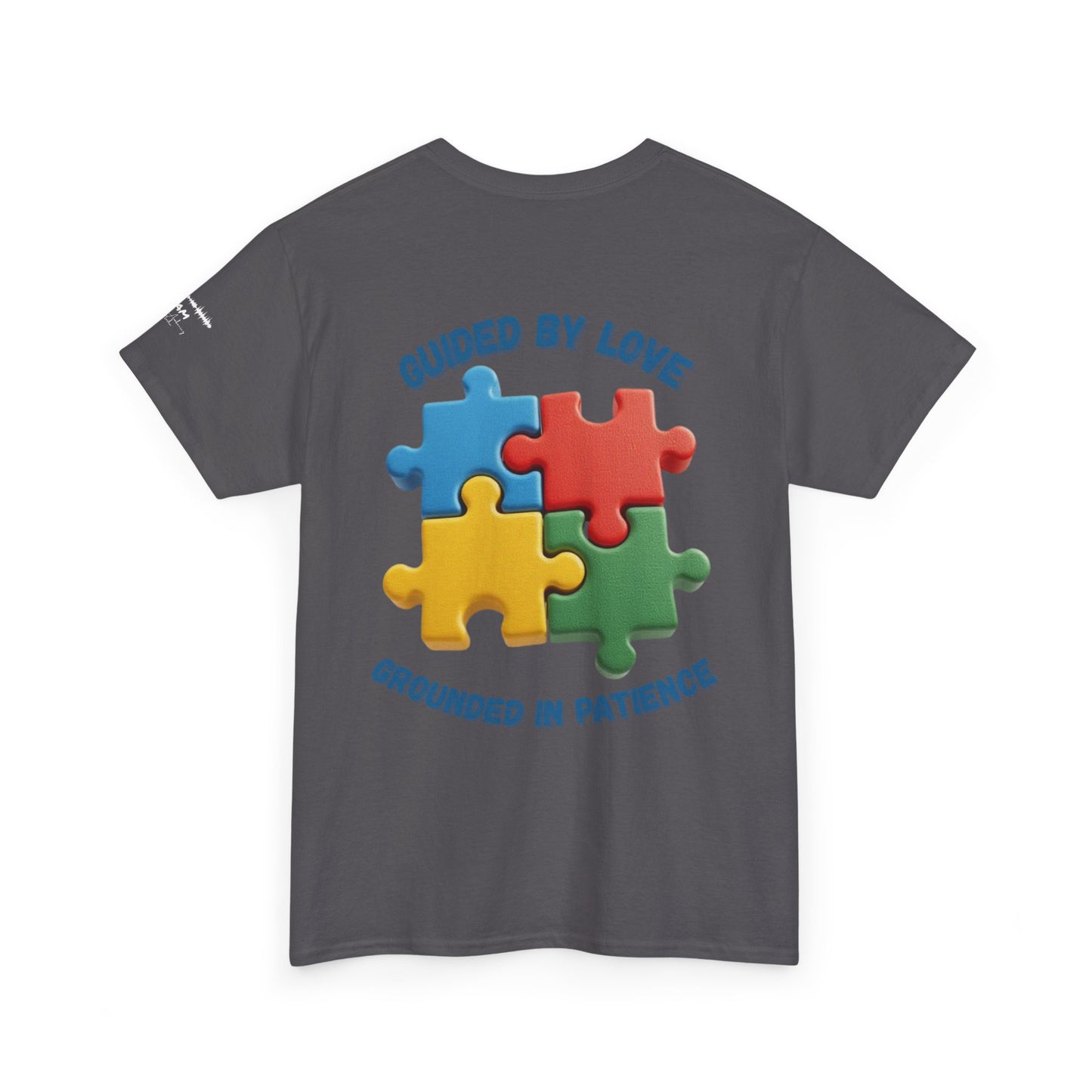 Autism Dad T-Shirt – Puzzle Infinity Front & “Guided by Love” Sleeve | Burgess Awakening Media