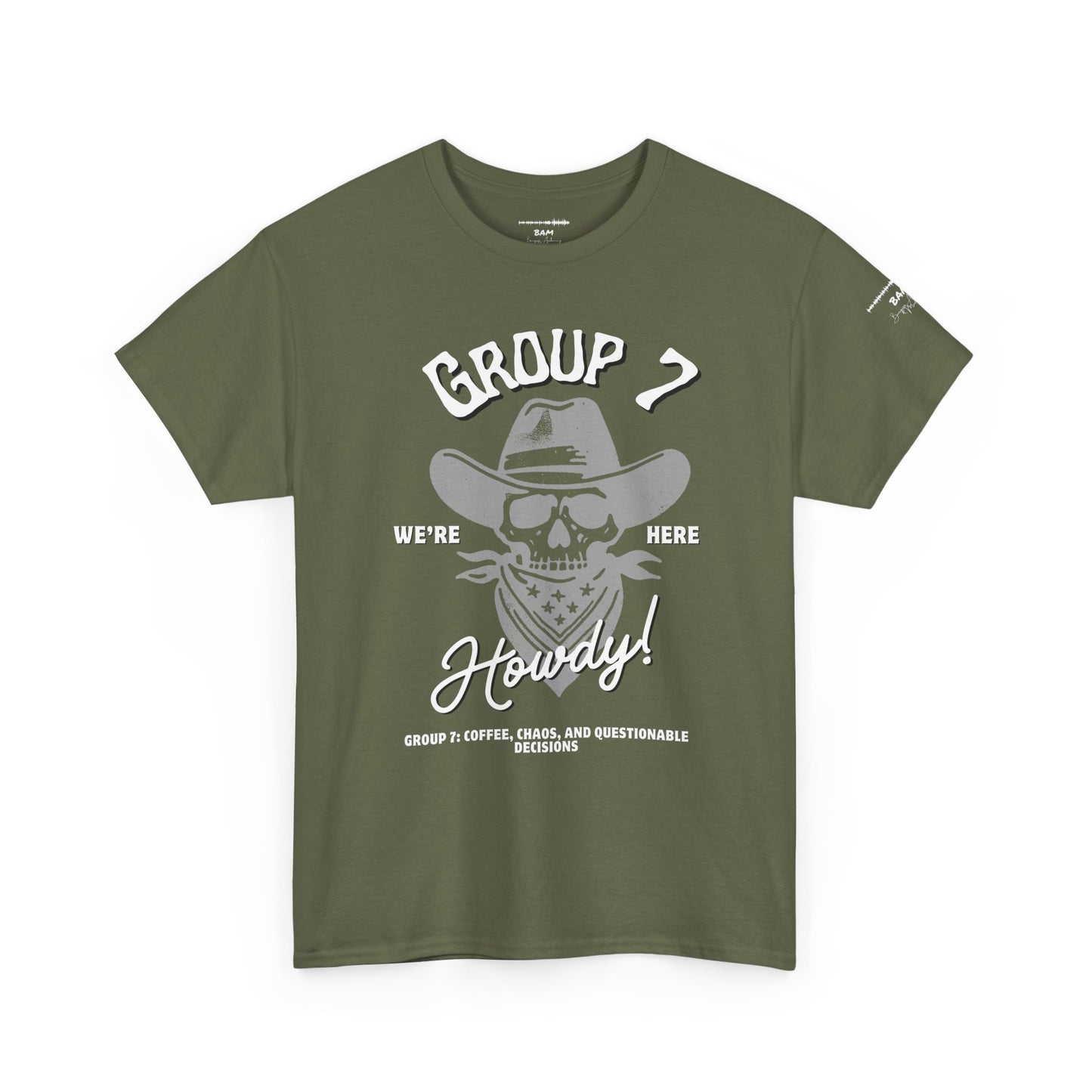 Group 7 “We’re Here” Howdy Skull Cowboy Tee – Funny Western Outlaw Shirt