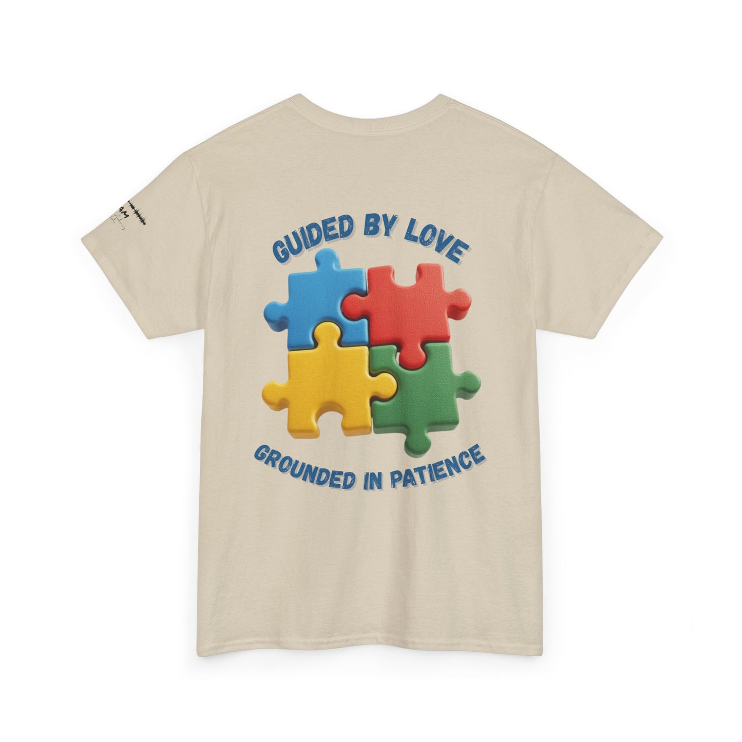 Autism Dad T-Shirt – Puzzle Infinity Front & “Guided by Love” Sleeve | Burgess Awakening Media