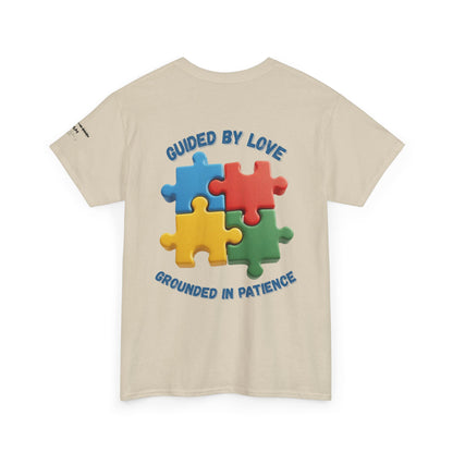 Autism Dad T-Shirt – Puzzle Infinity Front & “Guided by Love” Sleeve | Burgess Awakening Media
