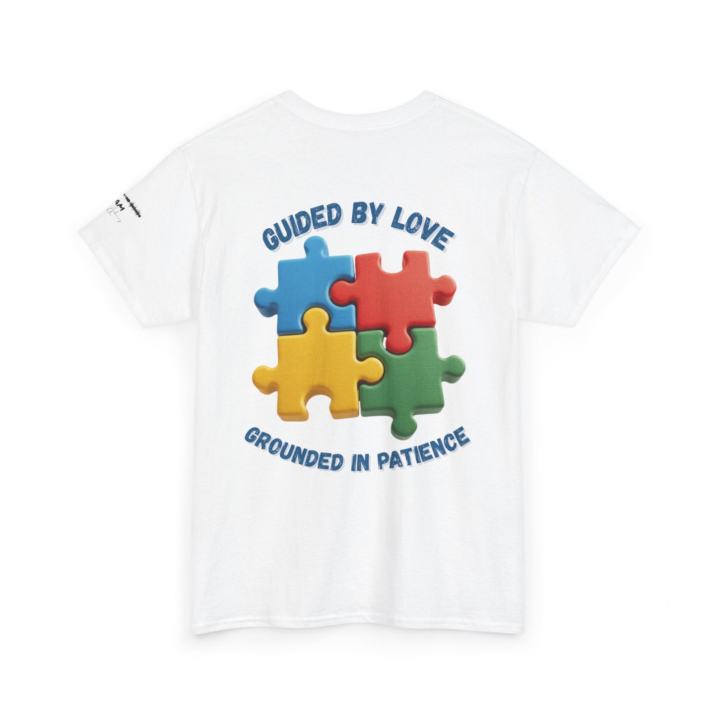 Autism Dad T-Shirt – Puzzle Infinity Front & “Guided by Love” Sleeve | Burgess Awakening Media