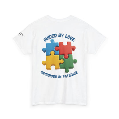 Autism Dad T-Shirt – Puzzle Infinity Front & “Guided by Love” Sleeve | Burgess Awakening Media