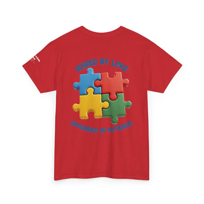 Autism Dad T-Shirt – Puzzle Infinity Front & “Guided by Love” Sleeve | Burgess Awakening Media