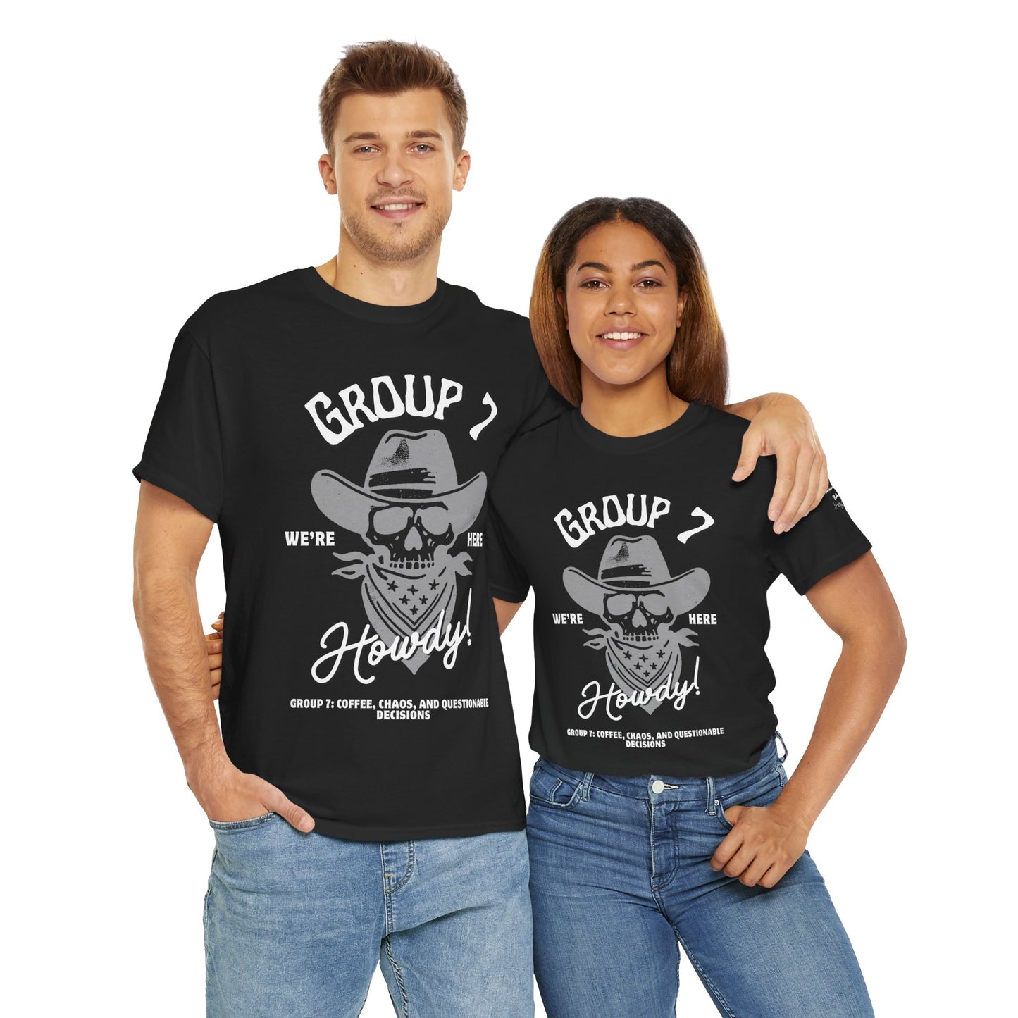 Group 7 “We’re Here” Howdy Skull Cowboy Tee – Funny Western Outlaw Shirt