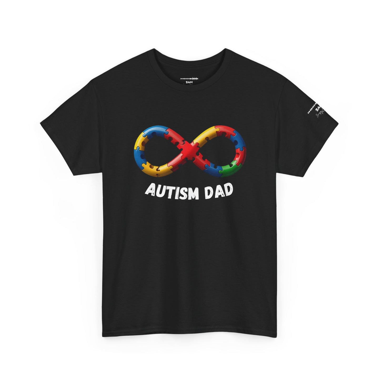 Autism Dad T-Shirt – Puzzle Infinity Front & “Guided by Love” Sleeve | Burgess Awakening Media