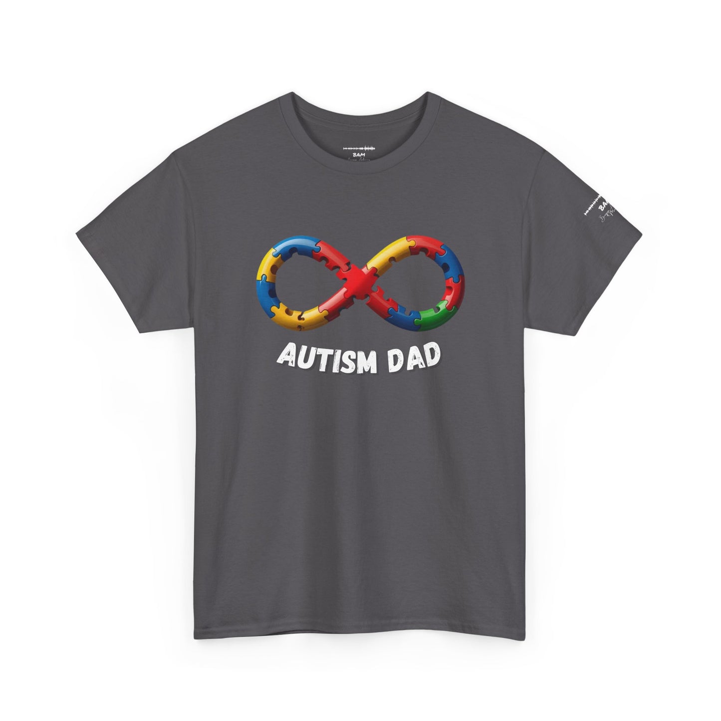 Autism Dad T-Shirt – Puzzle Infinity Front & “Guided by Love” Sleeve | Burgess Awakening Media