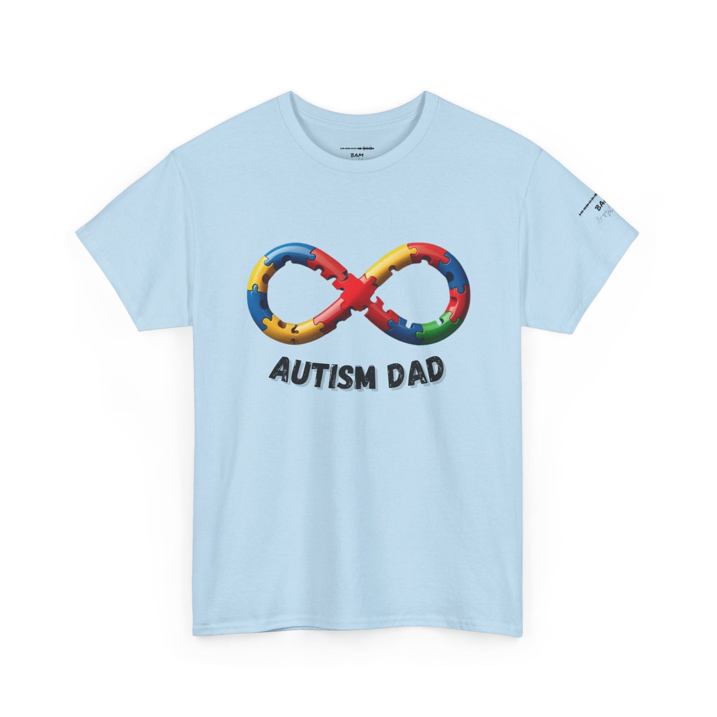 Autism Dad T-Shirt – Puzzle Infinity Front & “Guided by Love” Sleeve | Burgess Awakening Media