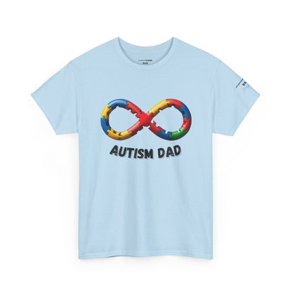 Autism Dad T-Shirt – Puzzle Infinity Front & “Guided by Love” Sleeve | Burgess Awakening Media