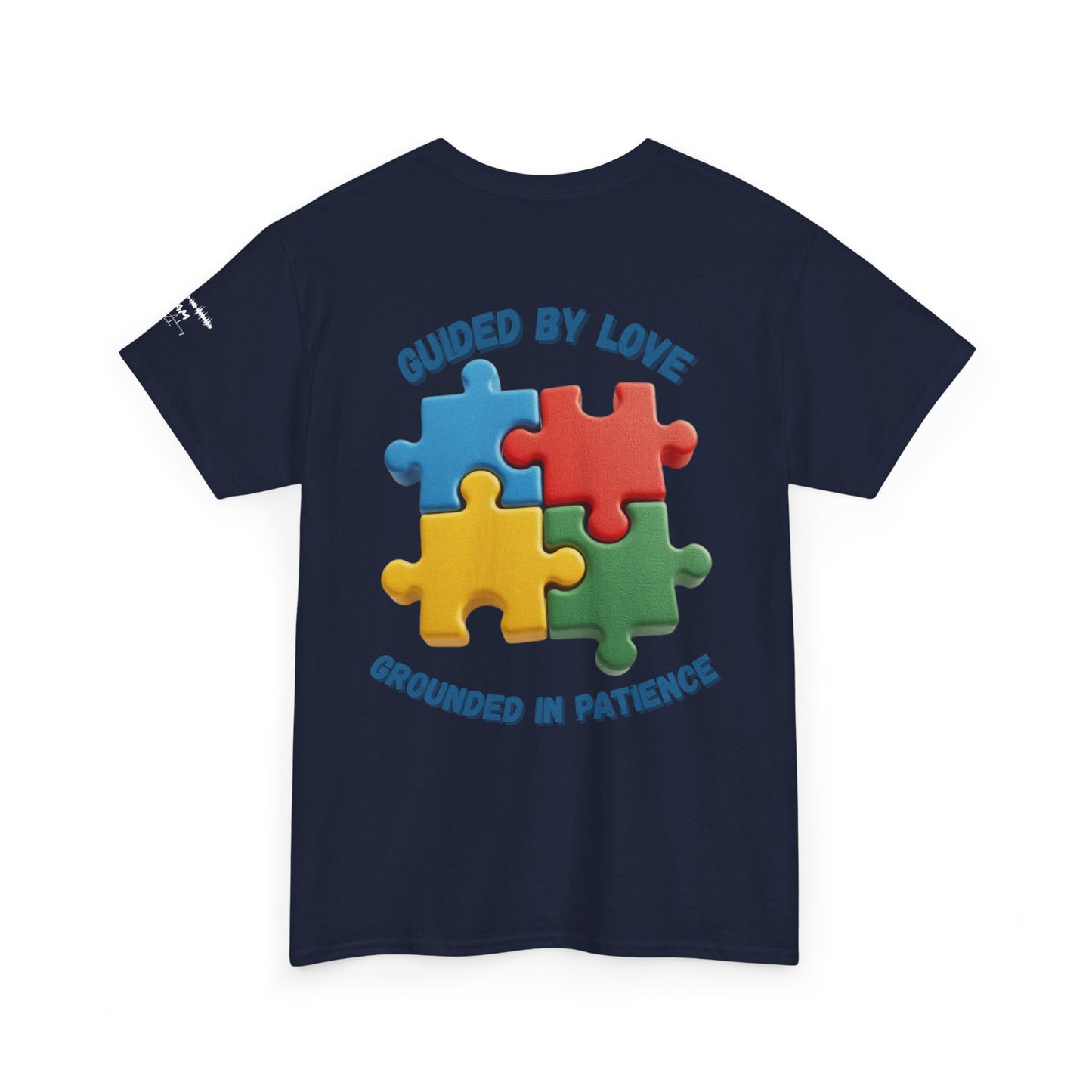 Autism Dad T-Shirt – Puzzle Infinity Front & “Guided by Love” Sleeve | Burgess Awakening Media