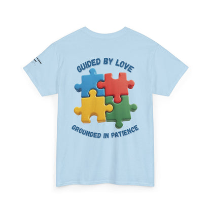 Autism Dad T-Shirt – Puzzle Infinity Front & “Guided by Love” Sleeve | Burgess Awakening Media